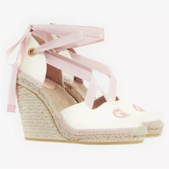 Gucci Pink Interlocking Judit Pink Ribbon Wedges Shoes - Picture 1 of 5